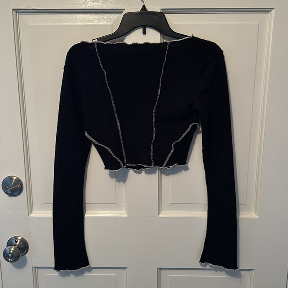 NWT Urban Outfitters Black Motif waffle cropped shirt - Picture 2 of 8